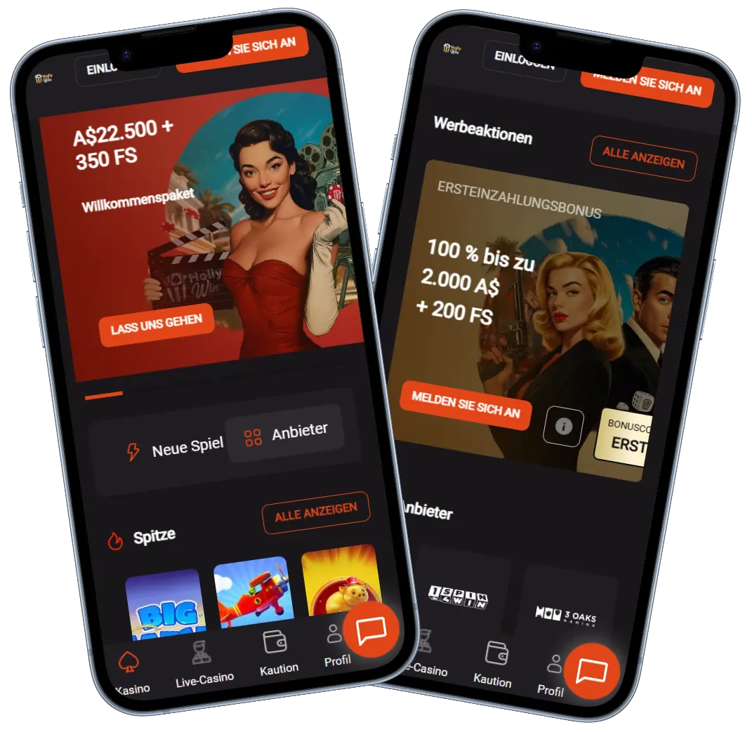 HollyWin Casino Startseite mit Bonusangebot und Spielen