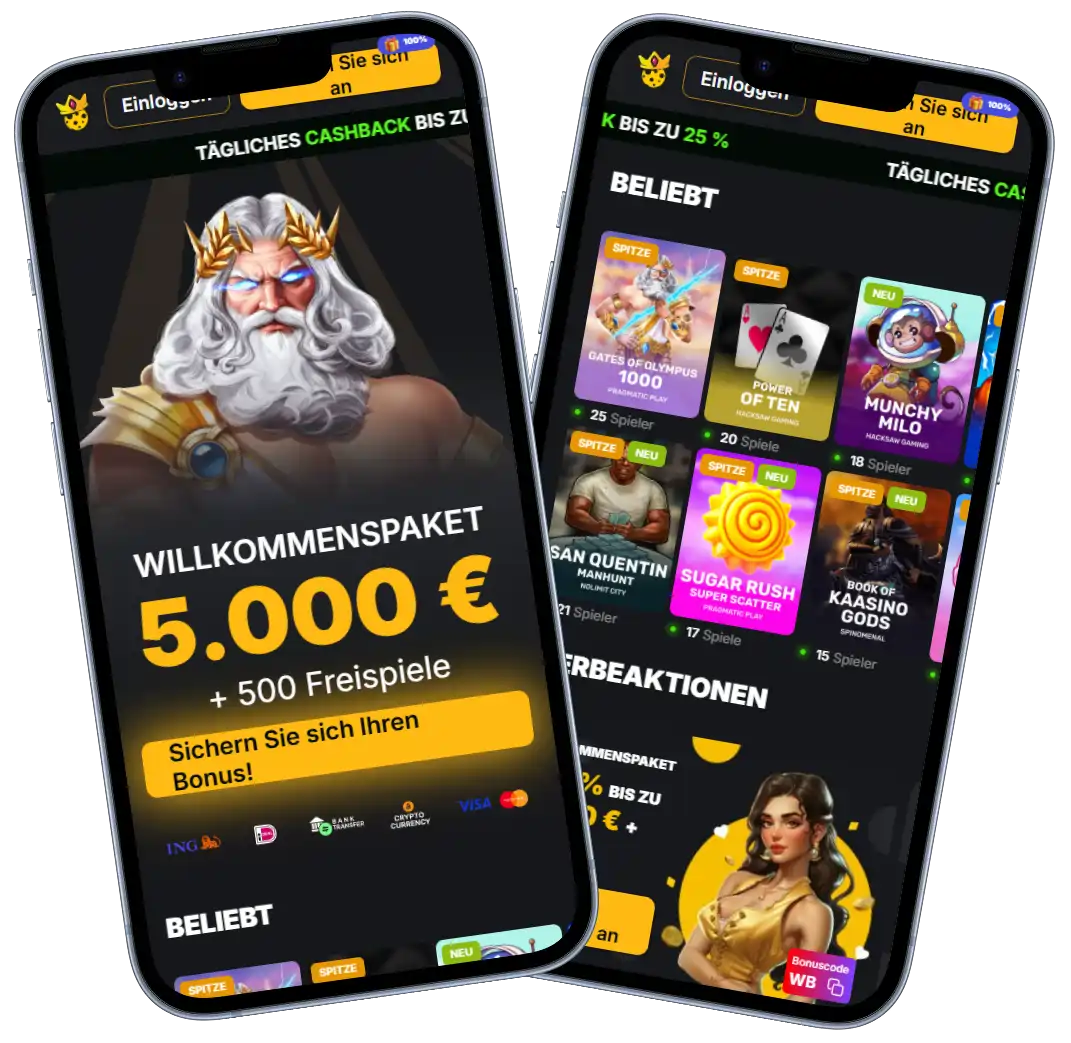 Kaasino Casino Lobby mit Bonus und Casino-Spielen