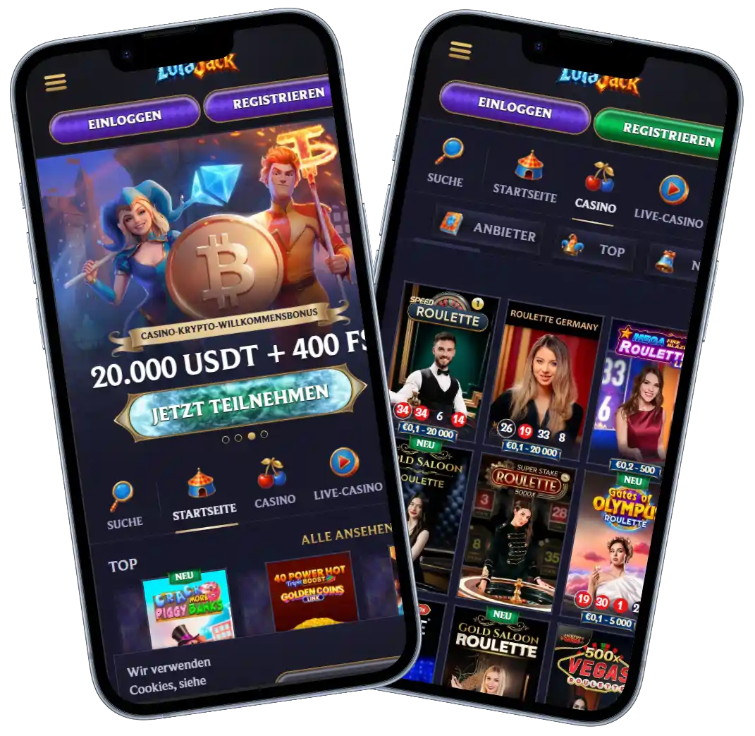 LolaJack Casino Startseite mit Bonus und Spielautomaten